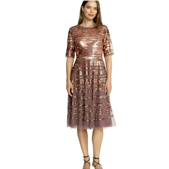 Johnny Was Sepia Mesh Copper Sequins Midi Dress Evening Sz 10 New - Picture 2 of 7